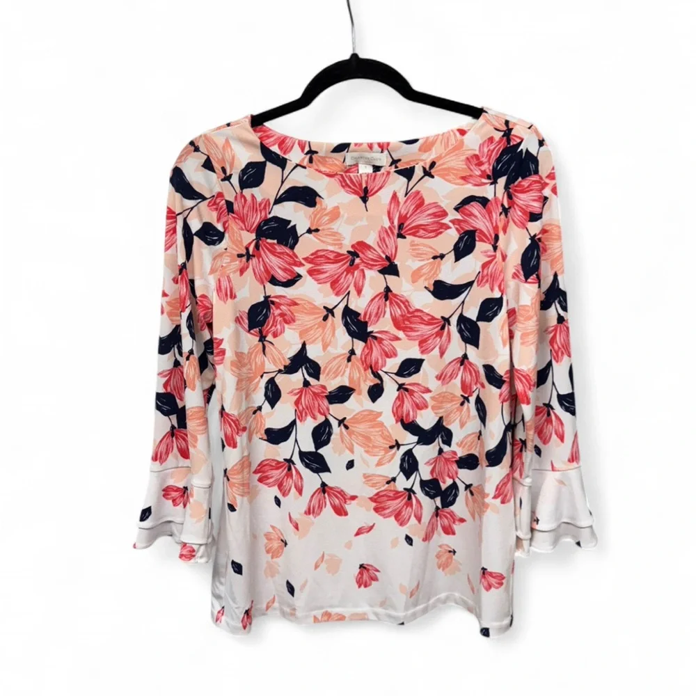 Charter Club Women’s Small Floral Blouse 3/4 Bell Sleeve Stretch - Picture 2 of 9